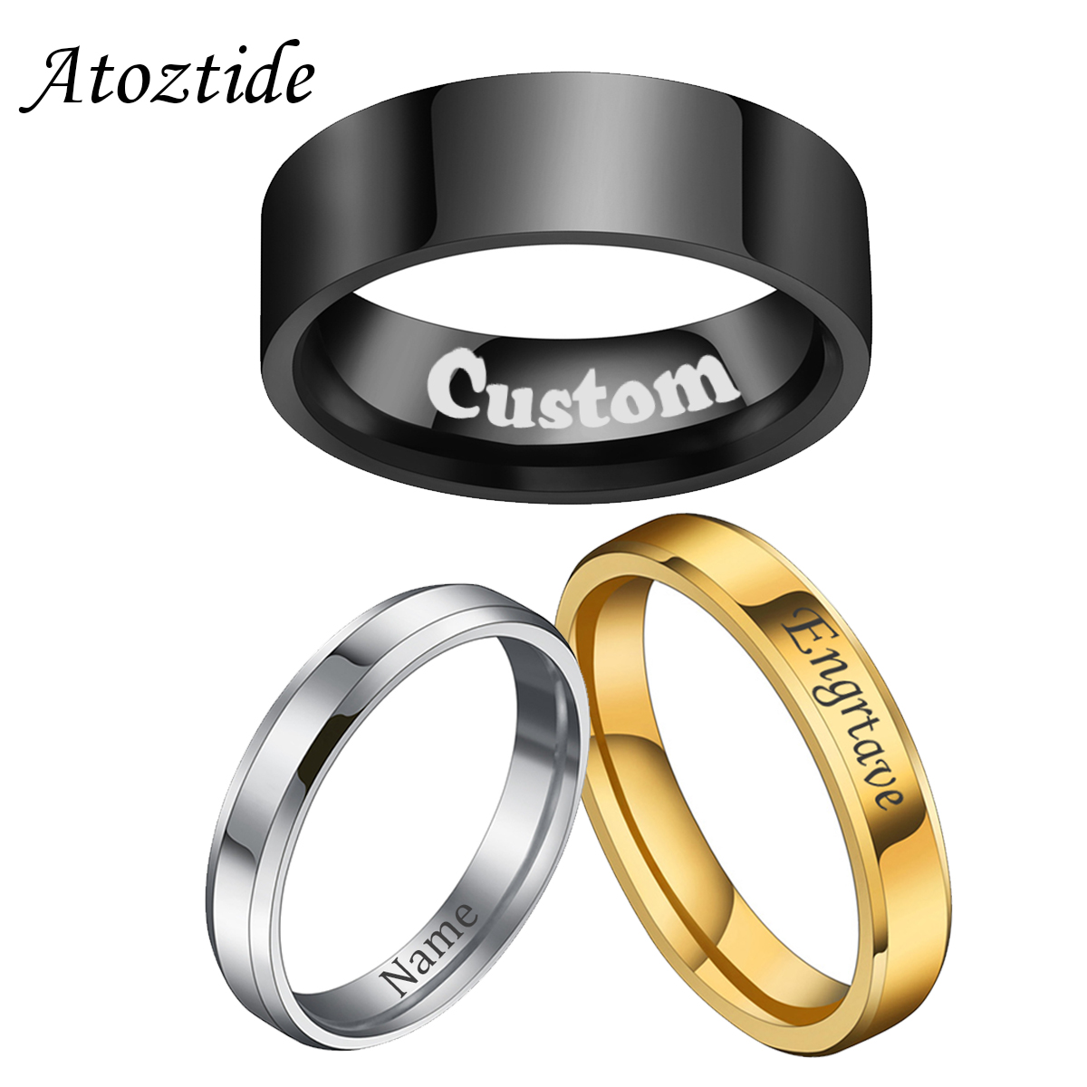 Coupling 8Mm - Atoztide 4/6/8ミリメートルパーソナライズ彫刻名日付リング女性ゴールドカラーステンレス鋼カスタムハートカップルの宝石類のギフト
