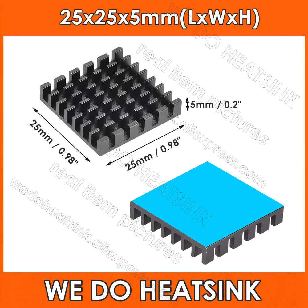 Aluminium Extrusion - 25x25x5mm ブラックヒートシンク、熱伝導性接着テープが事前に貼り付けられたクーラーアルミニウムヒートシンク、GPU ICチップ冷却用